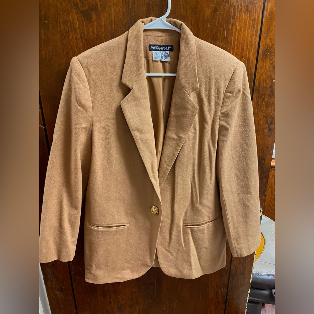 100% Pure Wool Savannah Womens Beige Jacket Size 10 1 Button VNTG Blazer
